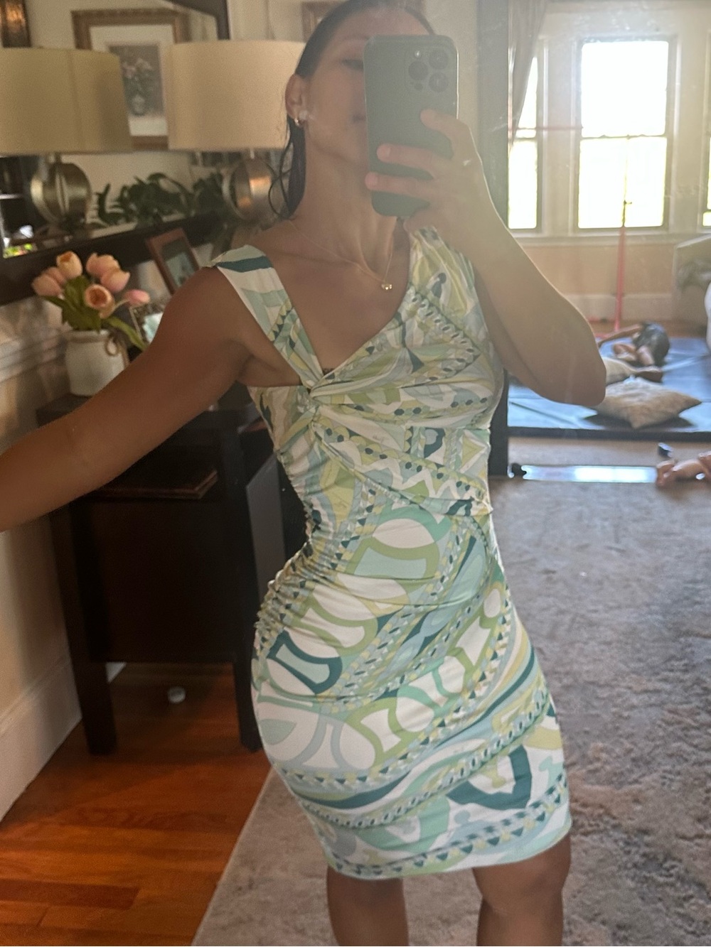 Authentic Emilio Pucci Green Patterned Mini Bodycon Dress